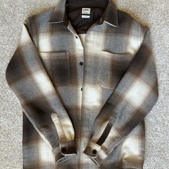 Zara Men's Beige and Brown Checkered Shirt Jacket - Picture 1 of 3